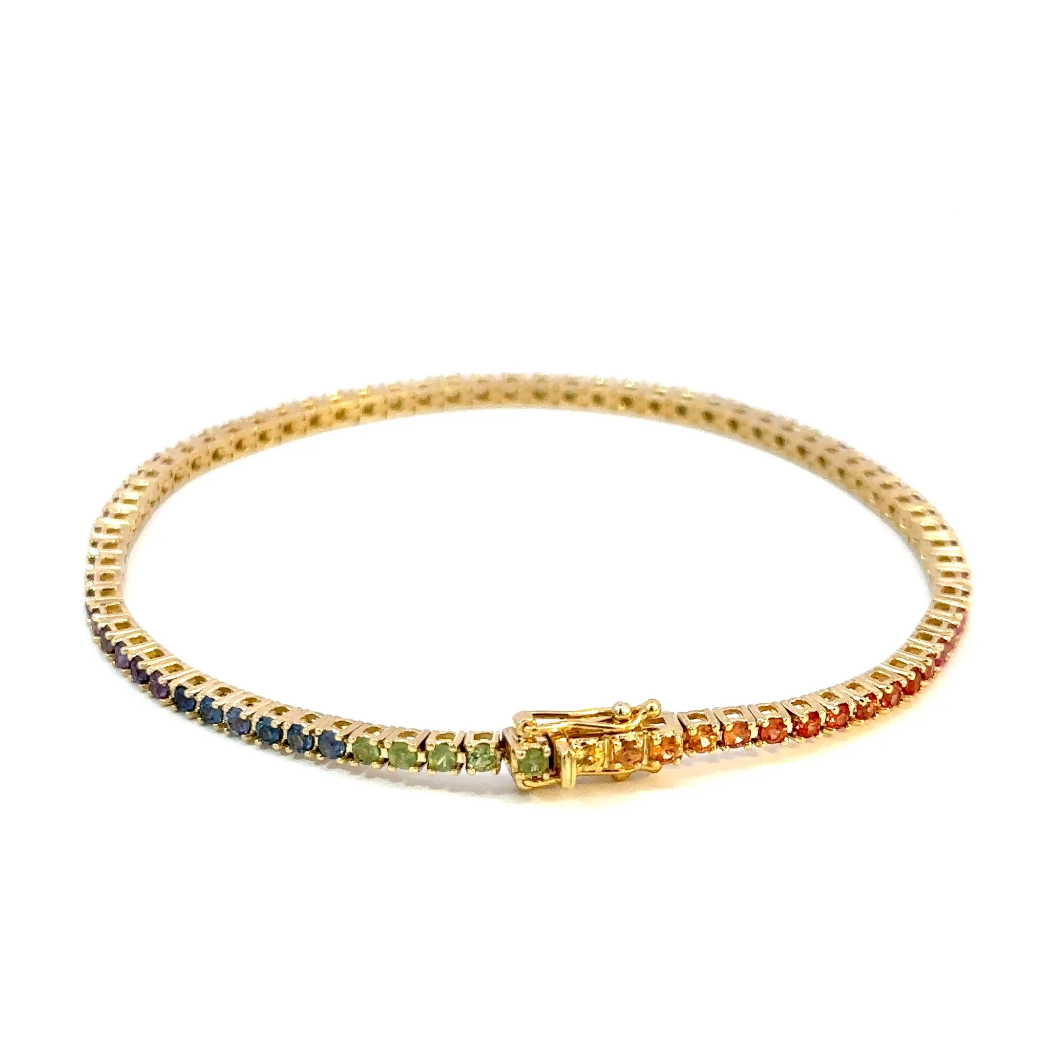 Тенис наруквица са дугиним сафирима, 14k жуто злато, 2.45 ct